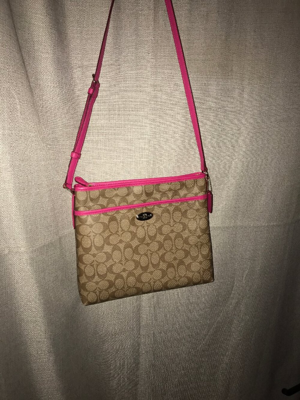 Coach Signature File Crossbody Bag Khaki & Bright Pink F34938